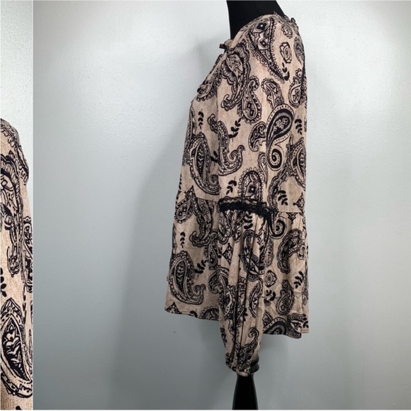 Knox Rose Paisley Boho Peasant Blouse Women’s M Tan Black Balloon Sleeve - Picture 3 of 12